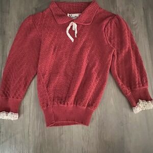Girls Vintage Voguester Jr Collared Sweater Sz 6-7? Red w/‎ Lace Trim Good Cond!